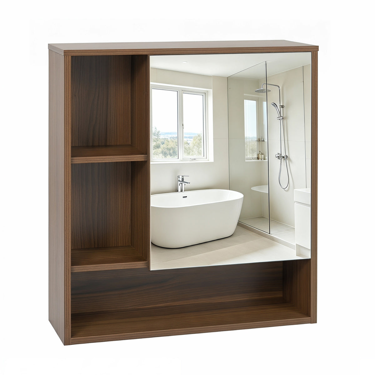 Wall-Mounted Mirror Cabinet with 2 Hidden Shelves and 3 Open Compartments-Walnut