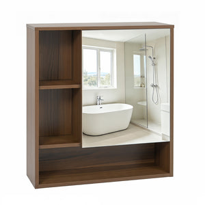 Wall-Mounted Mirror Cabinet with 2 Hidden Shelves and 3 Open Compartments-Walnut