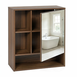 Wall-Mounted Mirror Cabinet with 2 Hidden Shelves and 3 Open Compartments-Walnut view 4