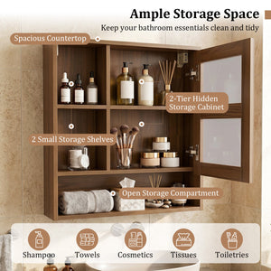 Wall-Mounted Mirror Cabinet with 2 Hidden Shelves and 3 Open Compartments-Walnut view 8