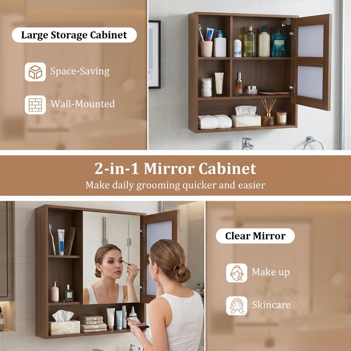 Wall-Mounted Mirror Cabinet with 2 Hidden Shelves and 3 Open Compartments-Walnut view 7