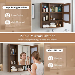 Wall-Mounted Mirror Cabinet with 2 Hidden Shelves and 3 Open Compartments-Walnut view 7