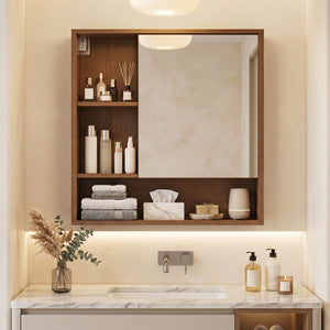 Wall-Mounted Mirror Cabinet with 2 Hidden Shelves and 3 Open Compartments-Walnut view 6