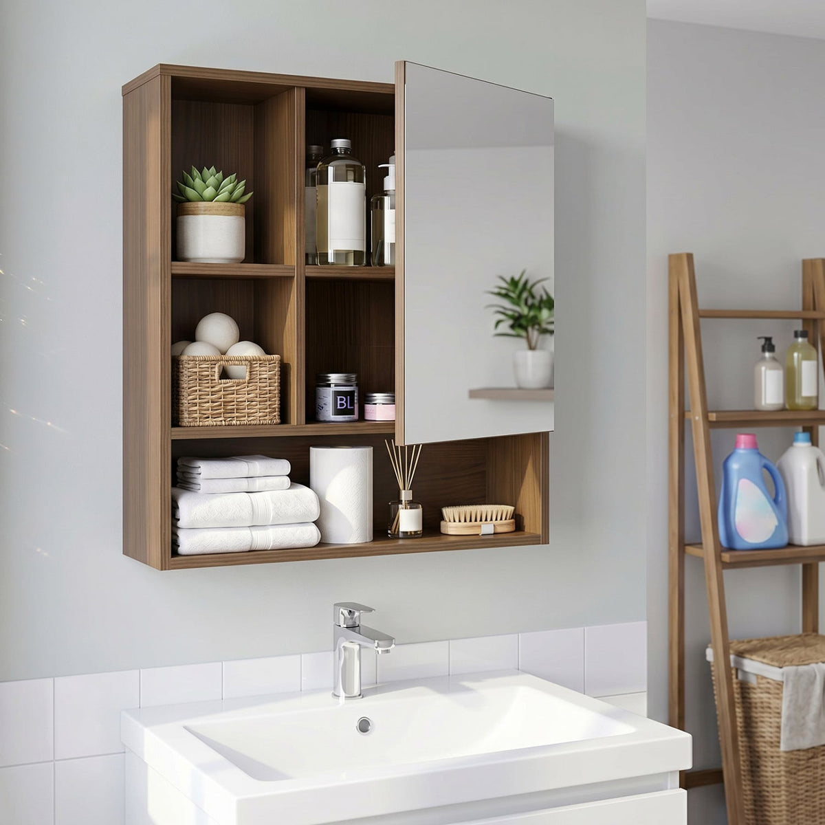 Wall-Mounted Mirror Cabinet with 2 Hidden Shelves and 3 Open Compartments-Walnut view 2