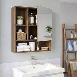 Wall-Mounted Mirror Cabinet with 2 Hidden Shelves and 3 Open Compartments-Walnut view 2