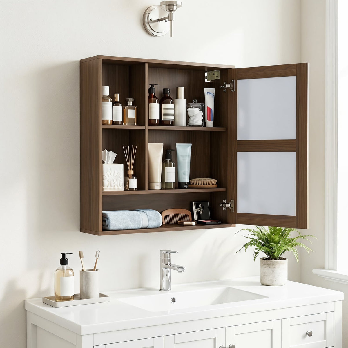 Wall-Mounted Mirror Cabinet with 2 Hidden Shelves and 3 Open Compartments-Walnut view 3