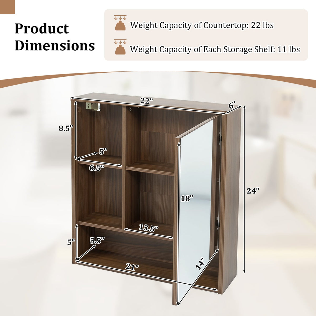 Wall-Mounted Mirror Cabinet with 2 Hidden Shelves and 3 Open Compartments-Walnut view 5