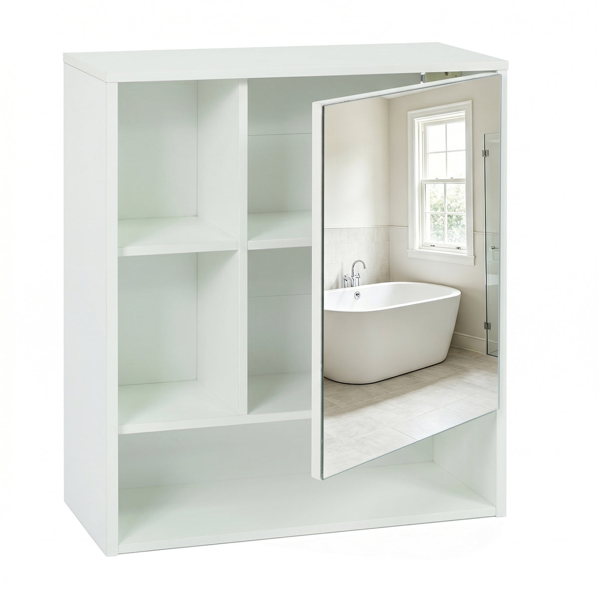 Wall-Mounted Mirror Cabinet with 2 Hidden Shelves and 3 Open Compartments-White view 4