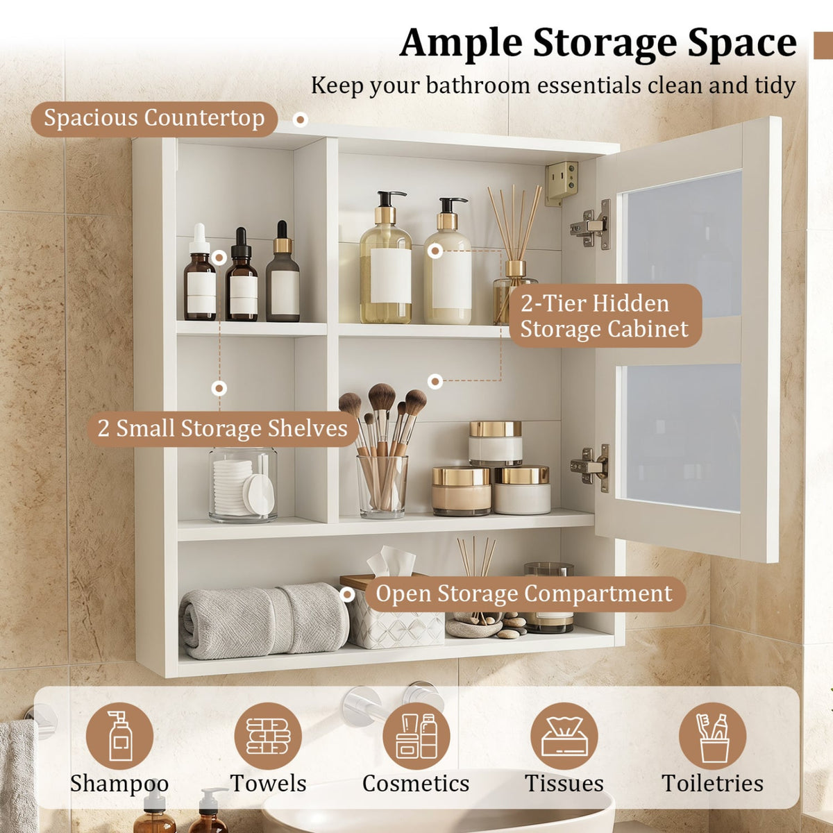 Wall-Mounted Mirror Cabinet with 2 Hidden Shelves and 3 Open Compartments-White view 7