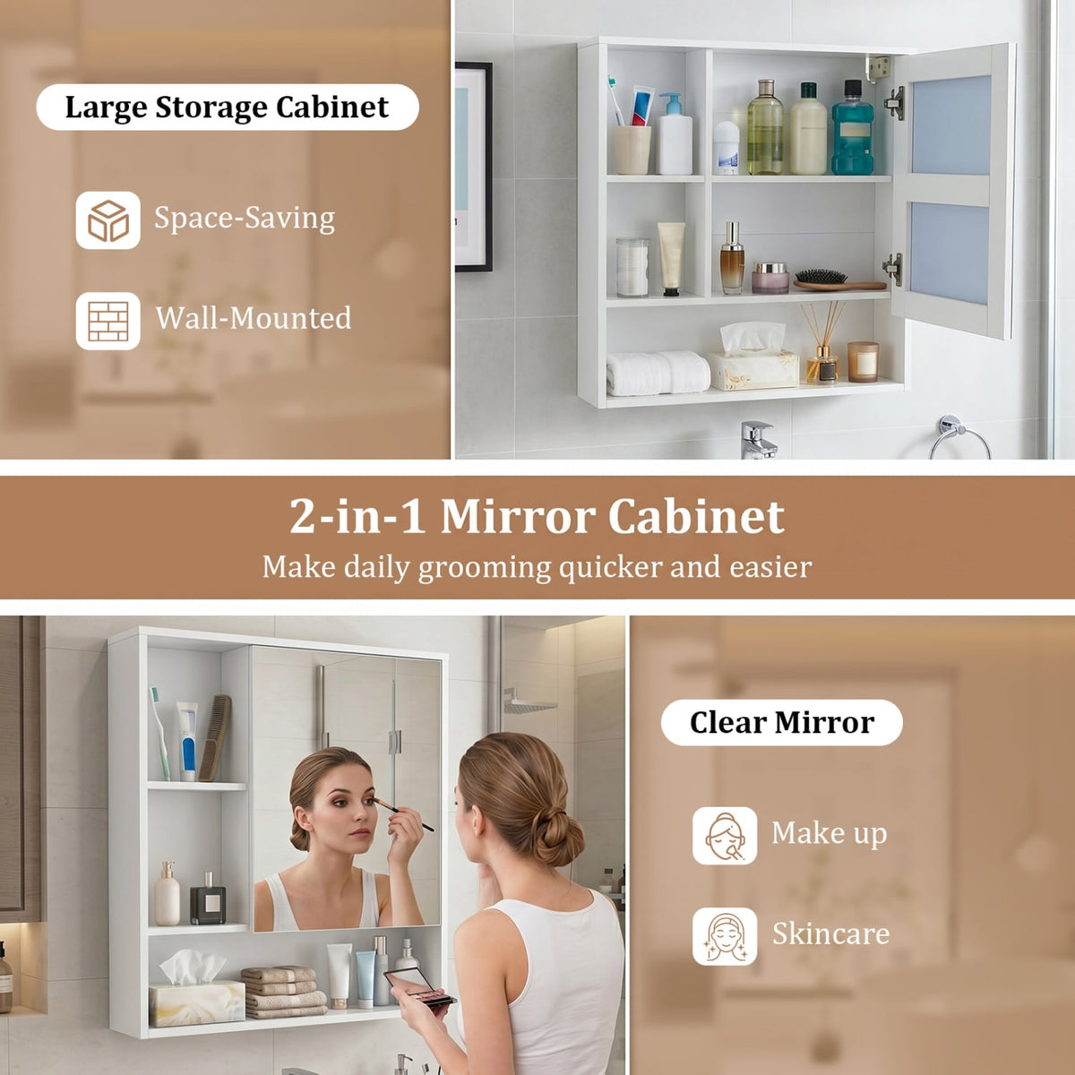 Wall-Mounted Mirror Cabinet with 2 Hidden Shelves and 3 Open Compartments-White view 8