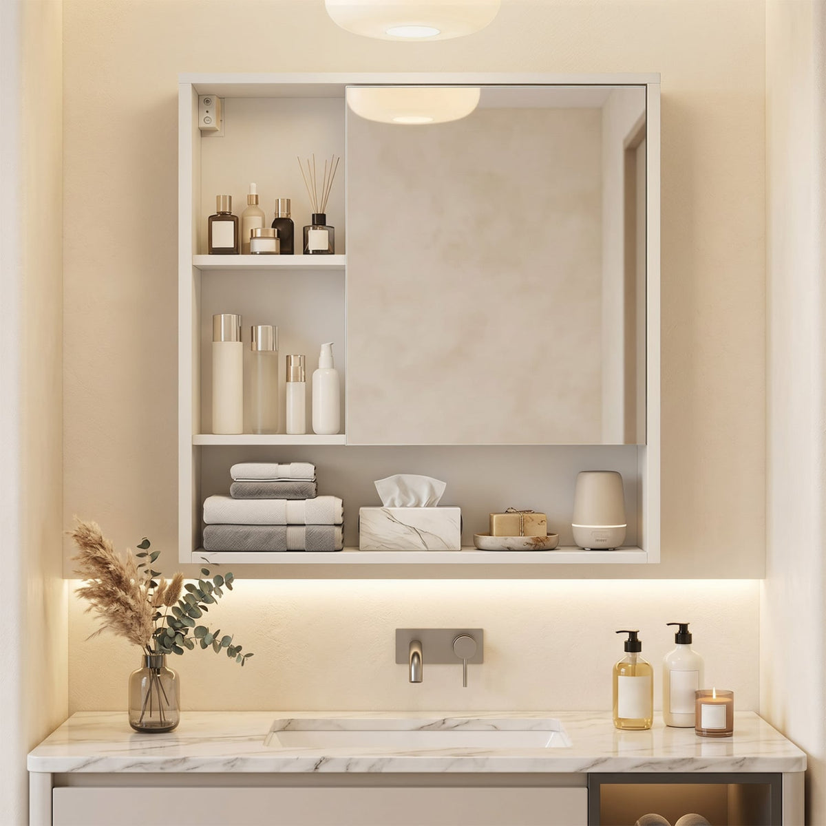 Wall-Mounted Mirror Cabinet with 2 Hidden Shelves and 3 Open Compartments-White view 6