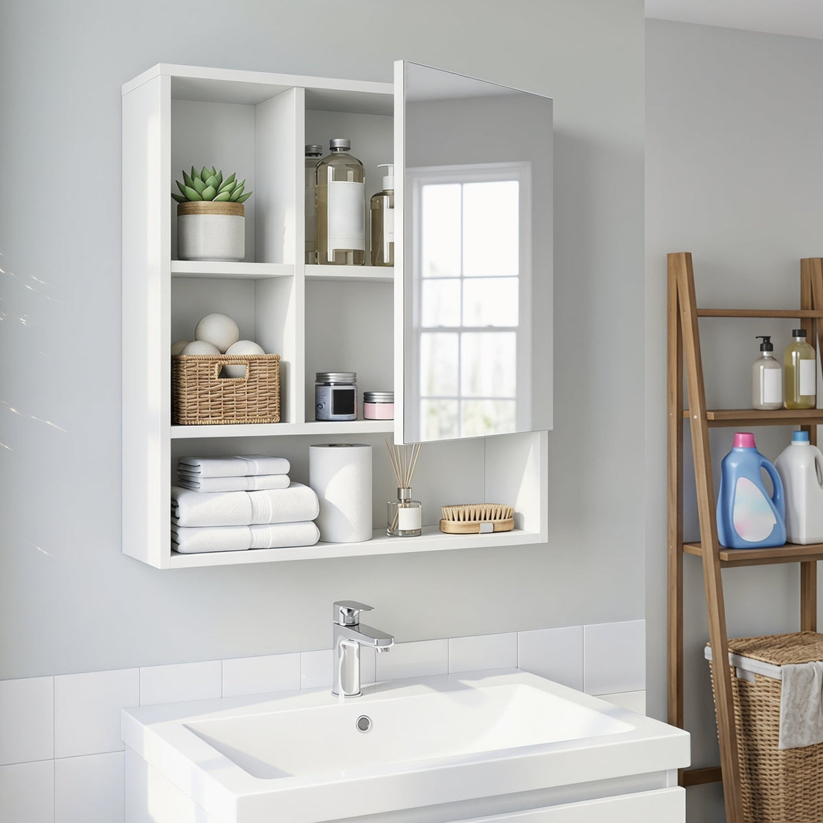 Wall-Mounted Mirror Cabinet with 2 Hidden Shelves and 3 Open Compartments-White view 3