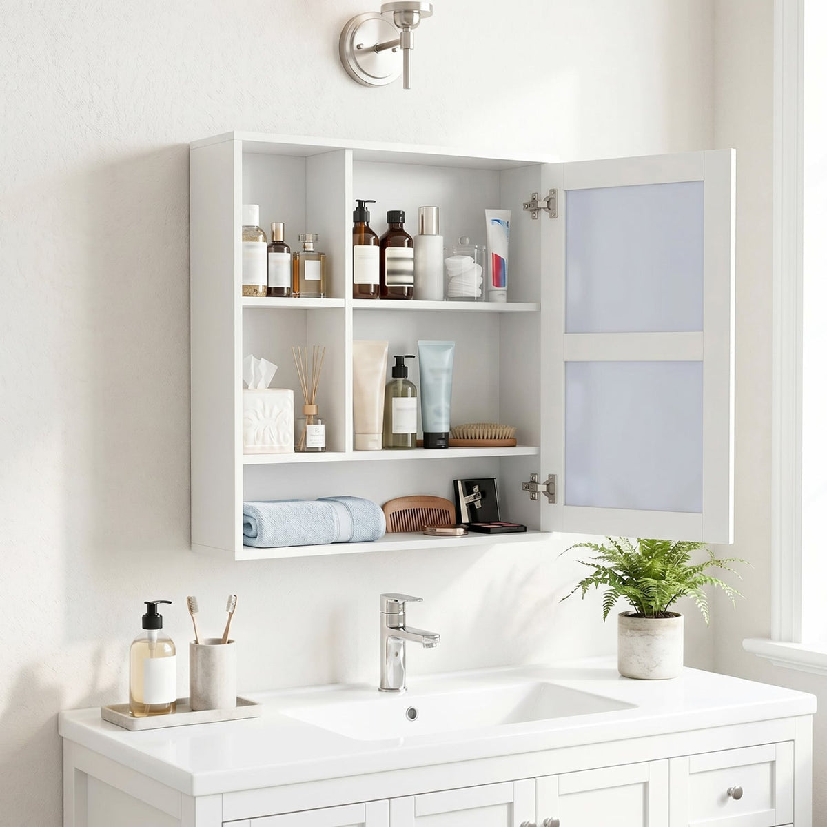 Wall-Mounted Mirror Cabinet with 2 Hidden Shelves and 3 Open Compartments-White view 2