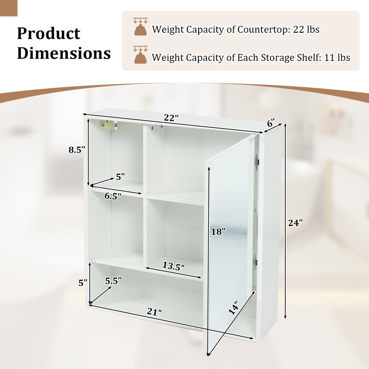 Wall-Mounted Mirror Cabinet with 2 Hidden Shelves and 3 Open Compartments-White view 5
