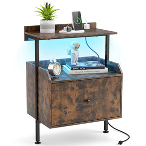 Wall-mounted Nightstand with LED Lights and Charging Station for Bedroom-Rustic Brown view 4