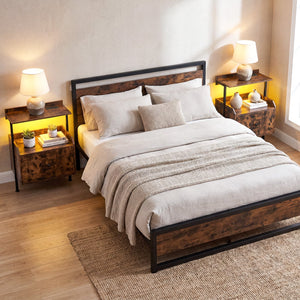 Wall-mounted Nightstand with LED Lights and Charging Station for Bedroom-Rustic Brown view 3