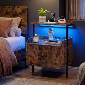Wall-mounted Nightstand with LED Lights and Charging Station for Bedroom-Rustic Brown view 2