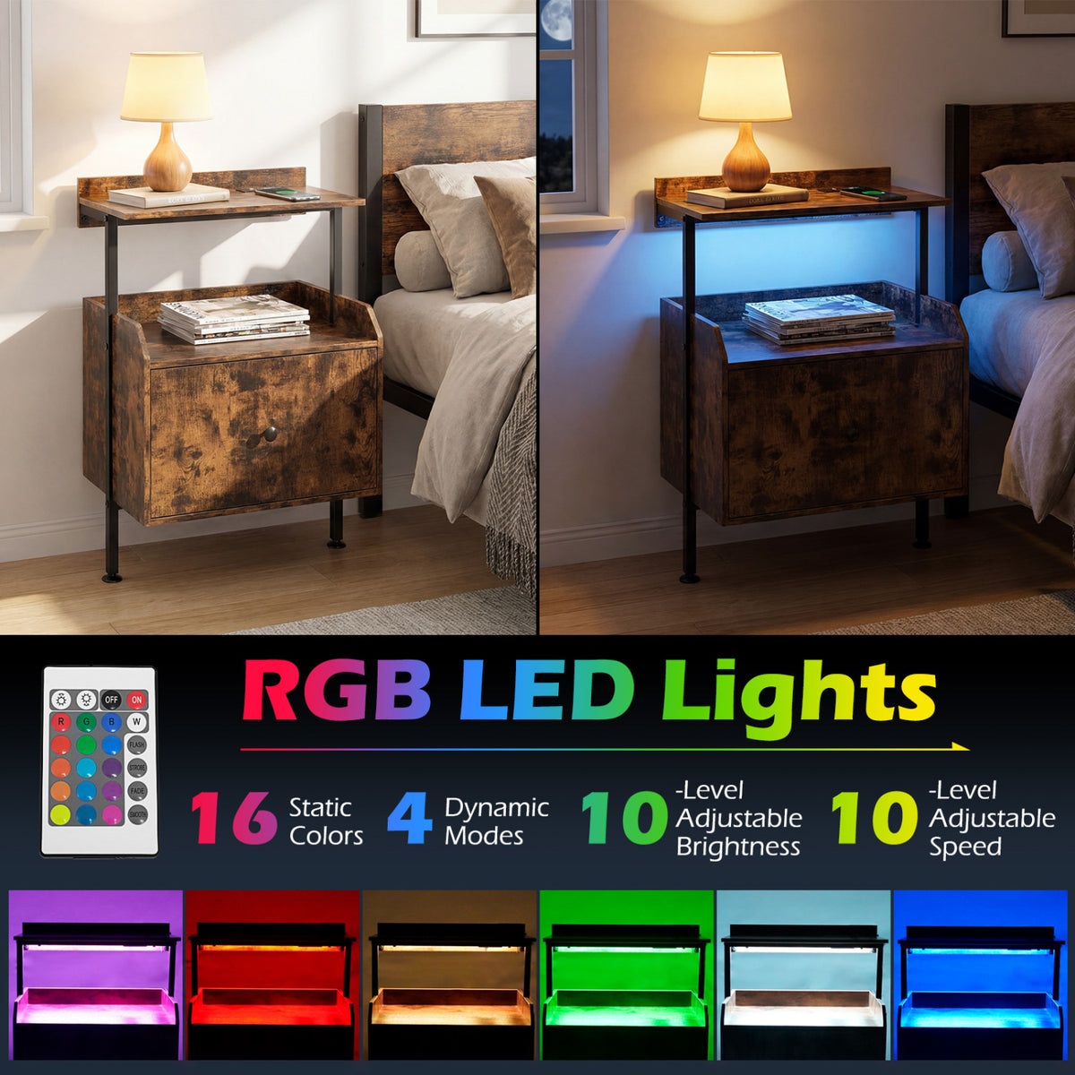 Wall-mounted Nightstand with LED Lights and Charging Station for Bedroom-Rustic Brown view 6