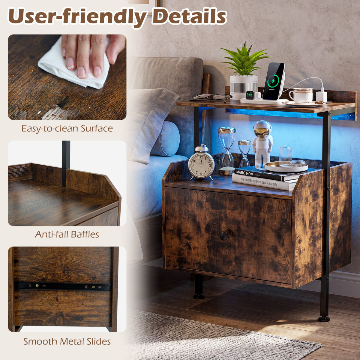 Wall-mounted Nightstand with LED Lights and Charging Station for Bedroom-Rustic Brown view 9