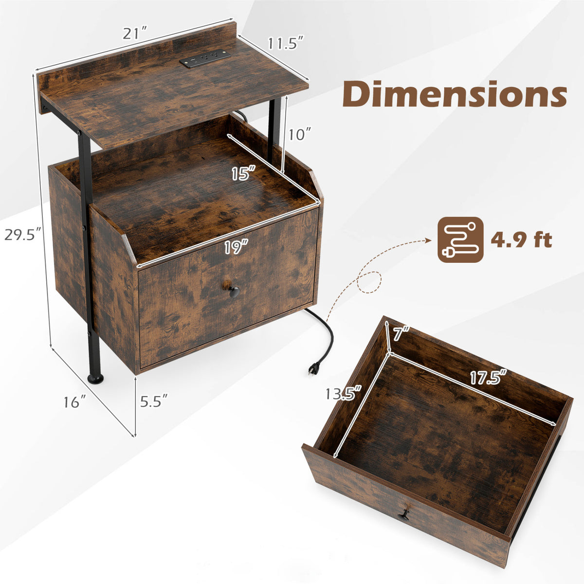 Wall-mounted Nightstand with LED Lights and Charging Station for Bedroom-Rustic Brown view 5