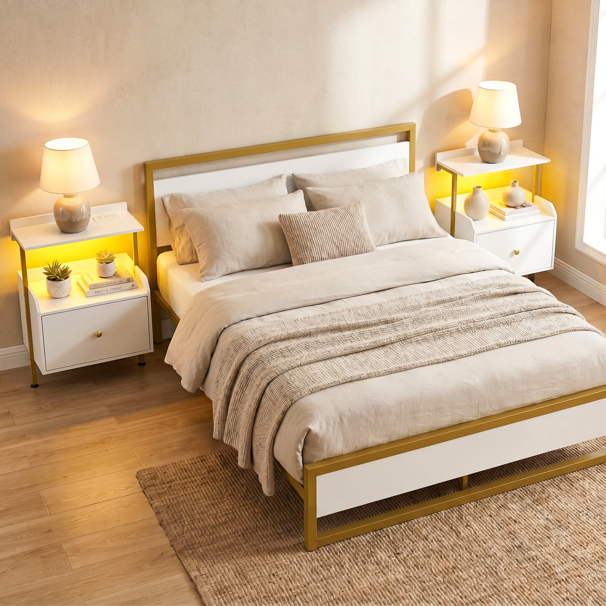 Wall-mounted Nightstand with LED Lights and Charging Station for Bedroom-White view 3