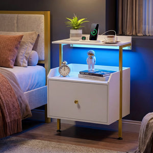 Wall-mounted Nightstand with LED Lights and Charging Station for Bedroom-White view 2