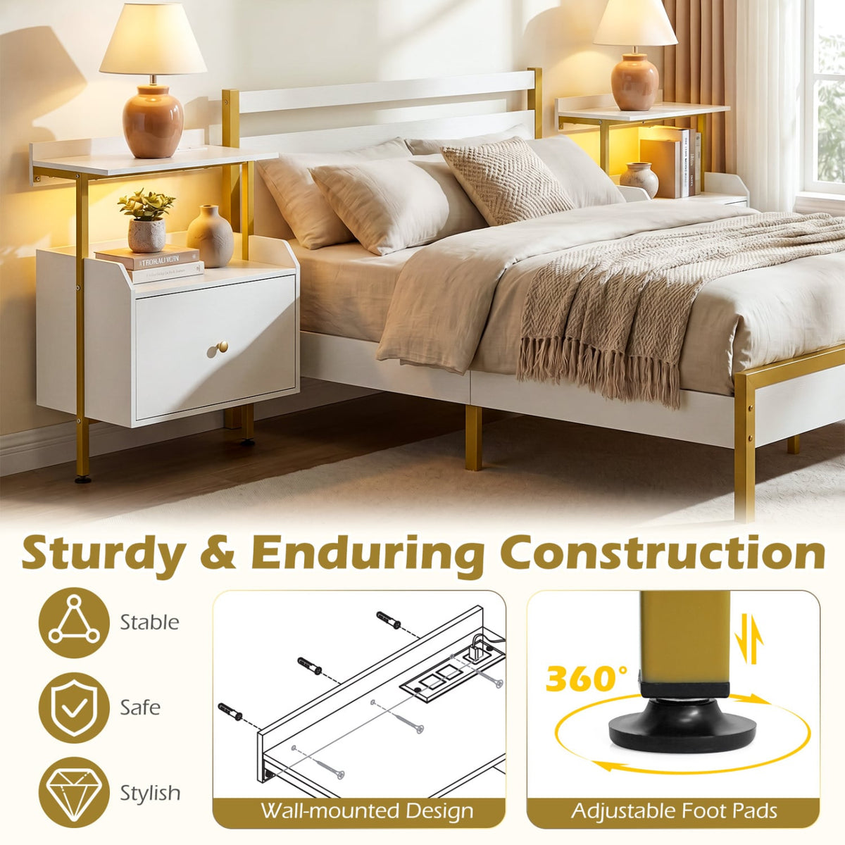 Wall-mounted Nightstand with LED Lights and Charging Station for Bedroom-White view 8