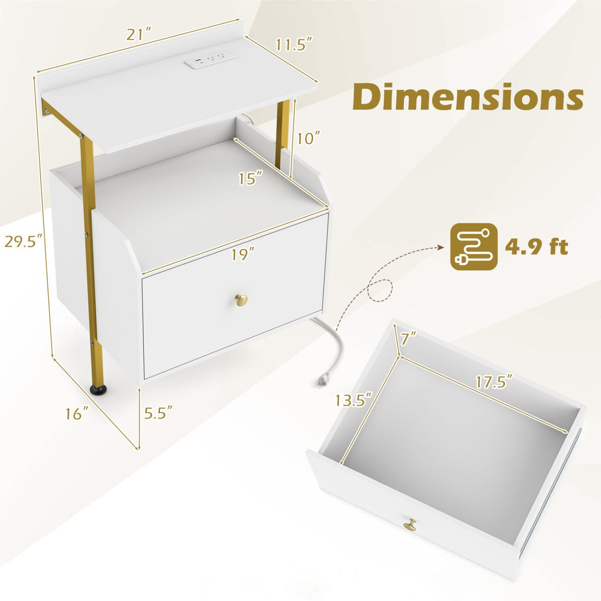 Wall-mounted Nightstand with LED Lights and Charging Station for Bedroom-White view 5