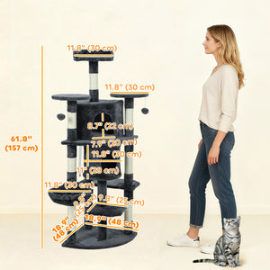 62" Cat Tree with Scratching Post, 2 Condos, Hammock, Perches, Plush, Pompoms, for Indoor Cats, Beige – view 9