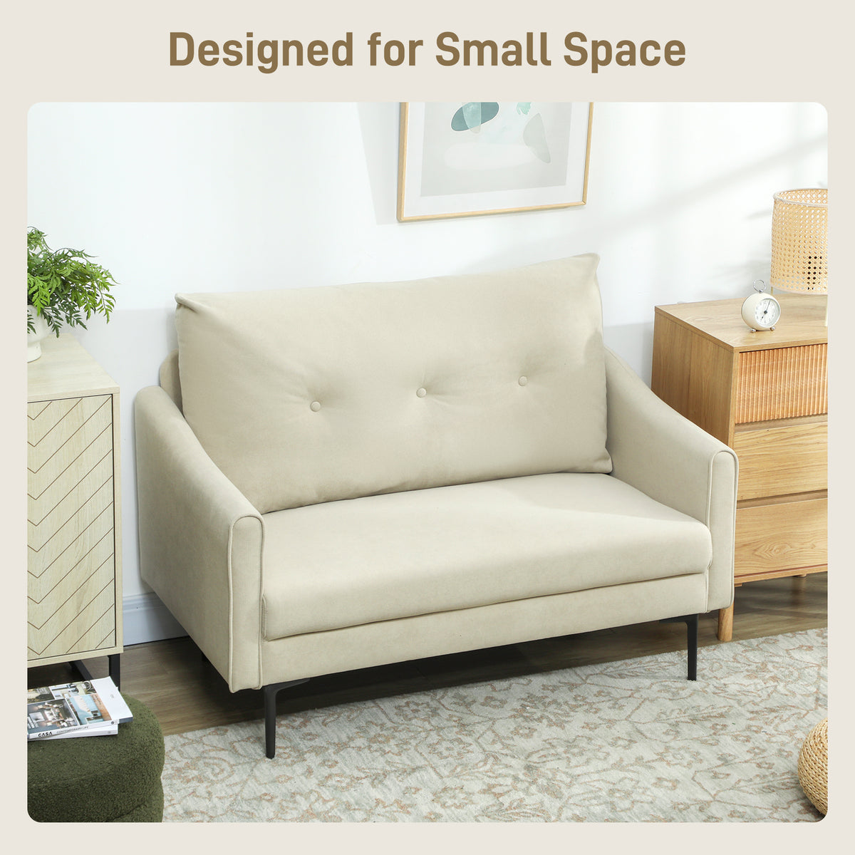 2 Seater Sofa, Small Modern Couch with High-Resilience Foam, Thicken Padding, Button Tufted, Cream White – view 5