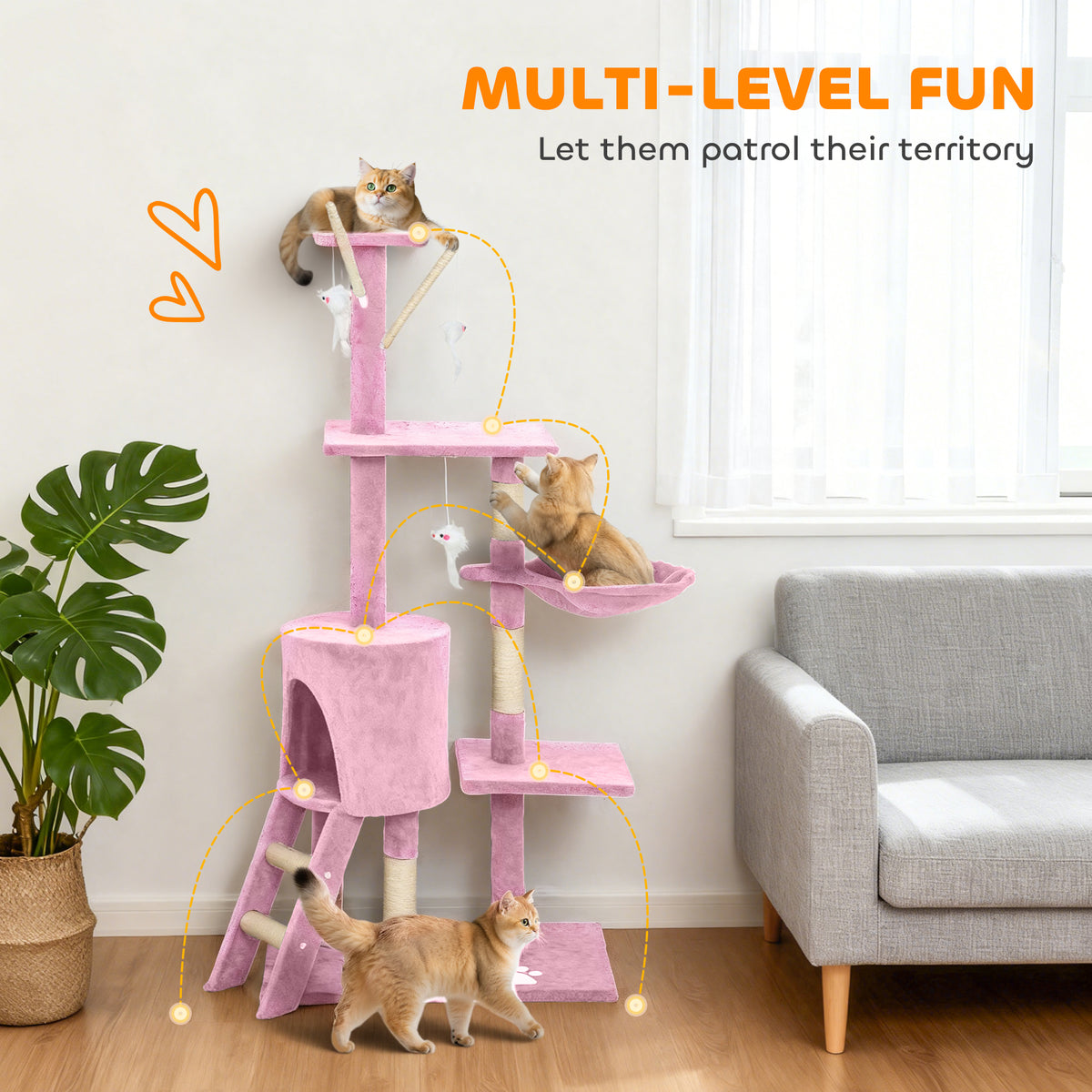 53" Cat Tree Tower, Kitten Activity Centre with Scratching Posts, Condo, Perches, Ladder, Hammock – view 38