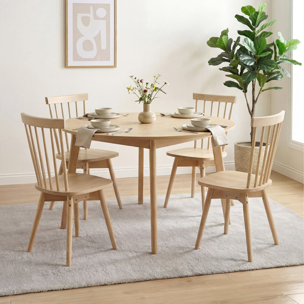 Windsor Dining Chairs Set of 4 Mid Century Rubber Wood Kitchen Chairs with Swivel Seat-Natural view 2