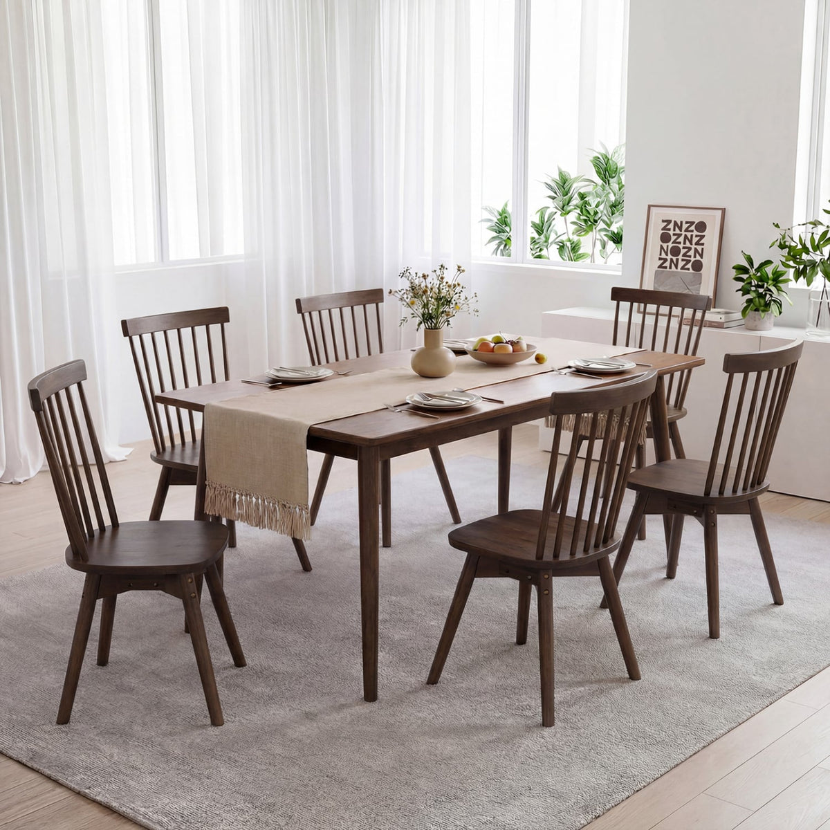 Windsor Dining Chairs Set of 4 Mid Century Rubber Wood Kitchen Chairs with Swivel Seat-Walnut view 3