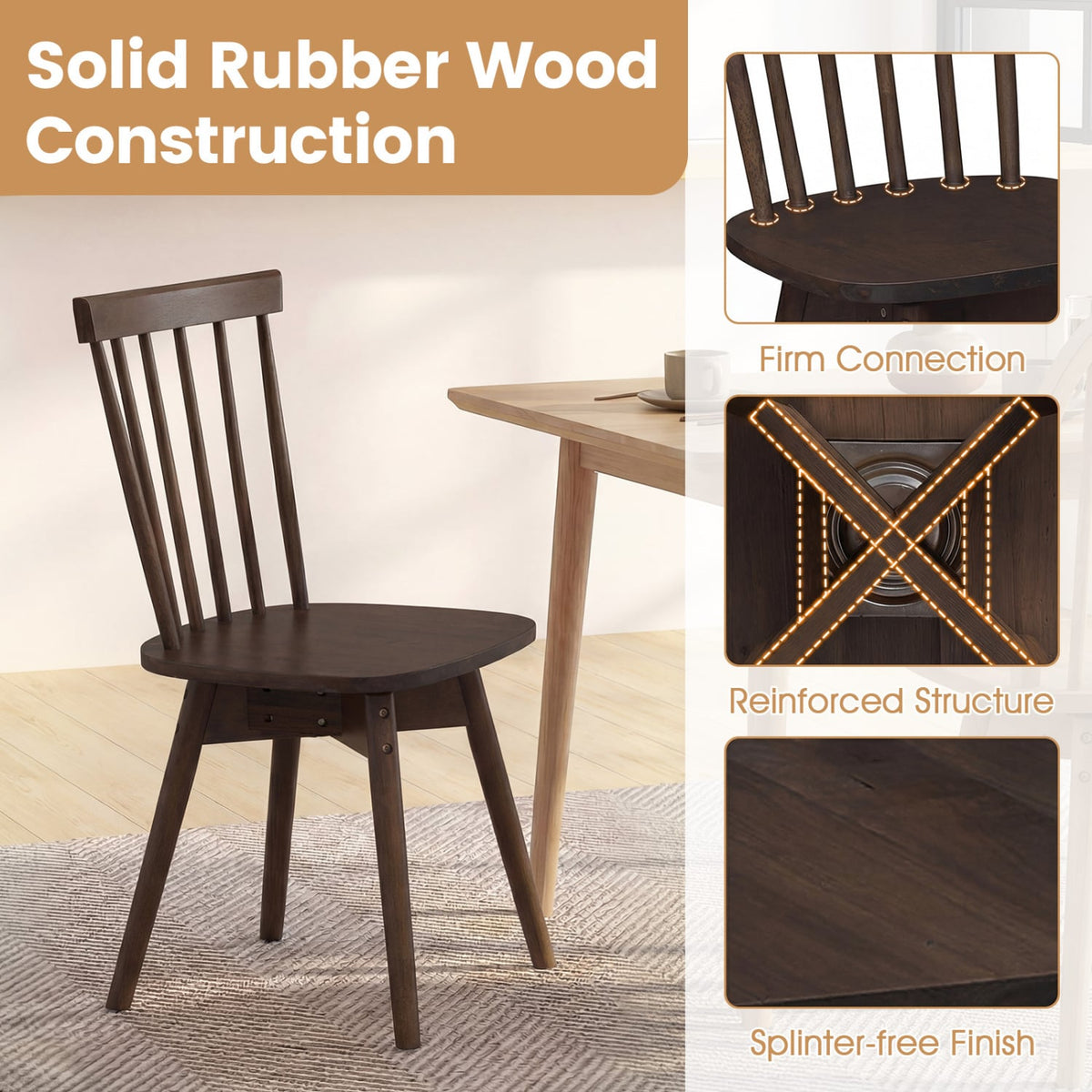 Windsor Dining Chairs Set of 4 Mid Century Rubber Wood Kitchen Chairs with Swivel Seat-Walnut view 7