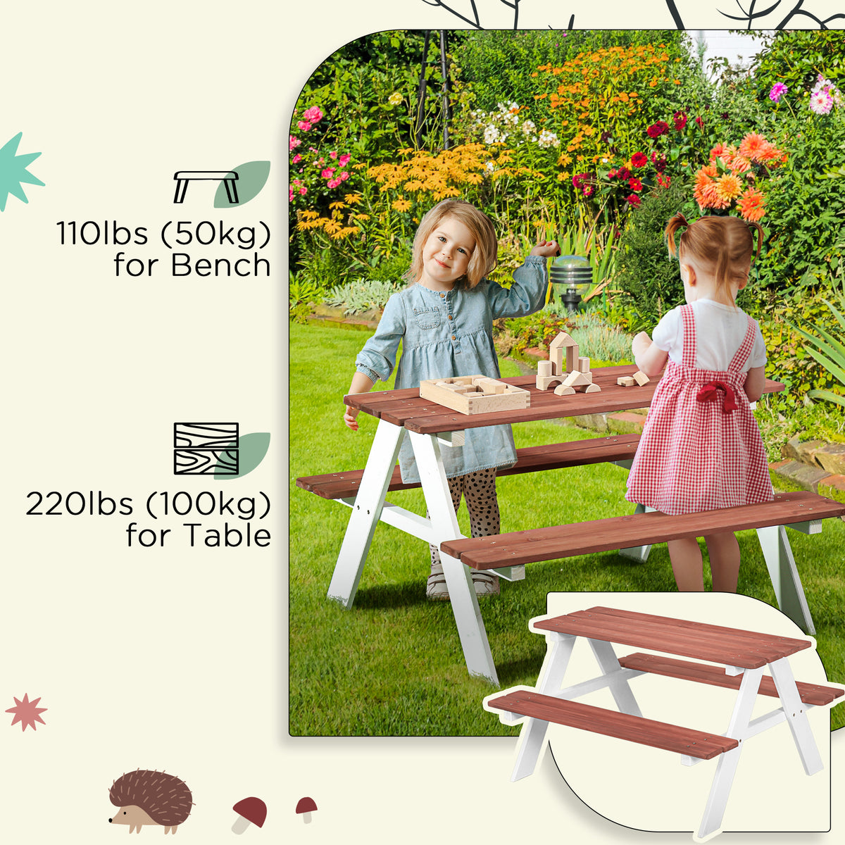 Kids Outdoor Table Set Wooden Toddler Picnic Table and Benches for 4 Kids 3-8 Years, Easy Installation, Natural Wood