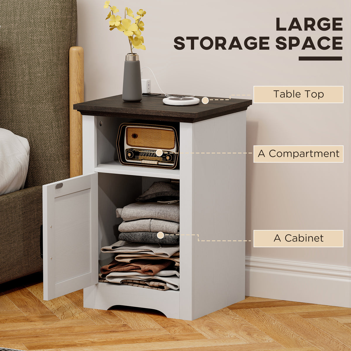 Set of 2 Side Tables, Night Stands with Charging Outlets, White