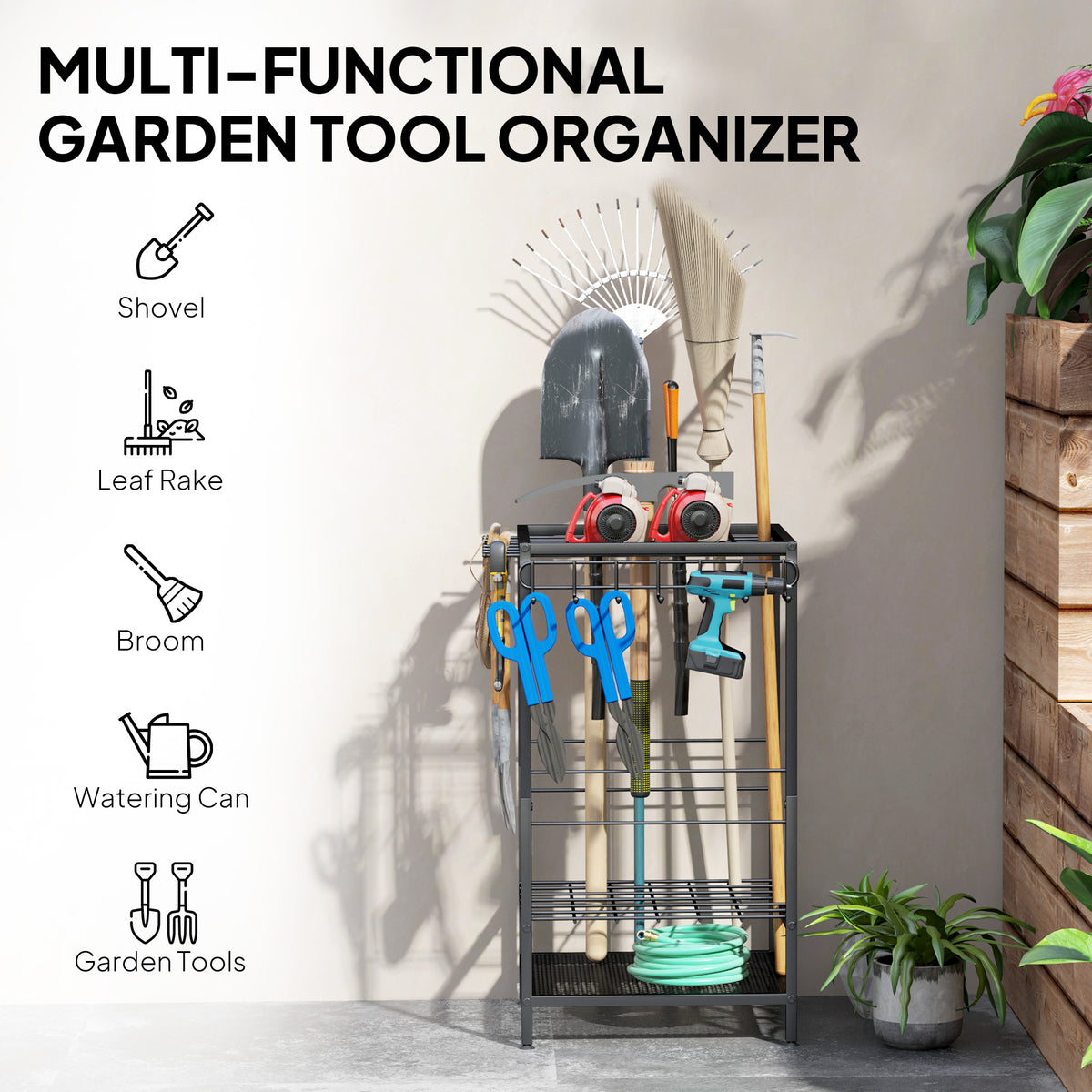 3-Tier Yard Tool Tower Rack, Garden Tool Organizer with 14 Hooks for Long-Handled Rakes, Shovel, Broom, Black