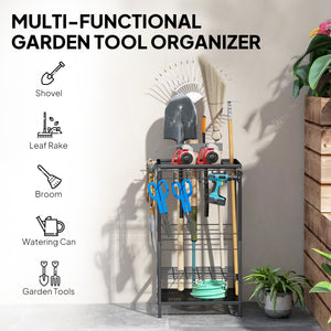 3-Tier Yard Tool Tower Rack, Garden Tool Organizer with 14 Hooks for Long-Handled Rakes, Shovel, Broom, Black