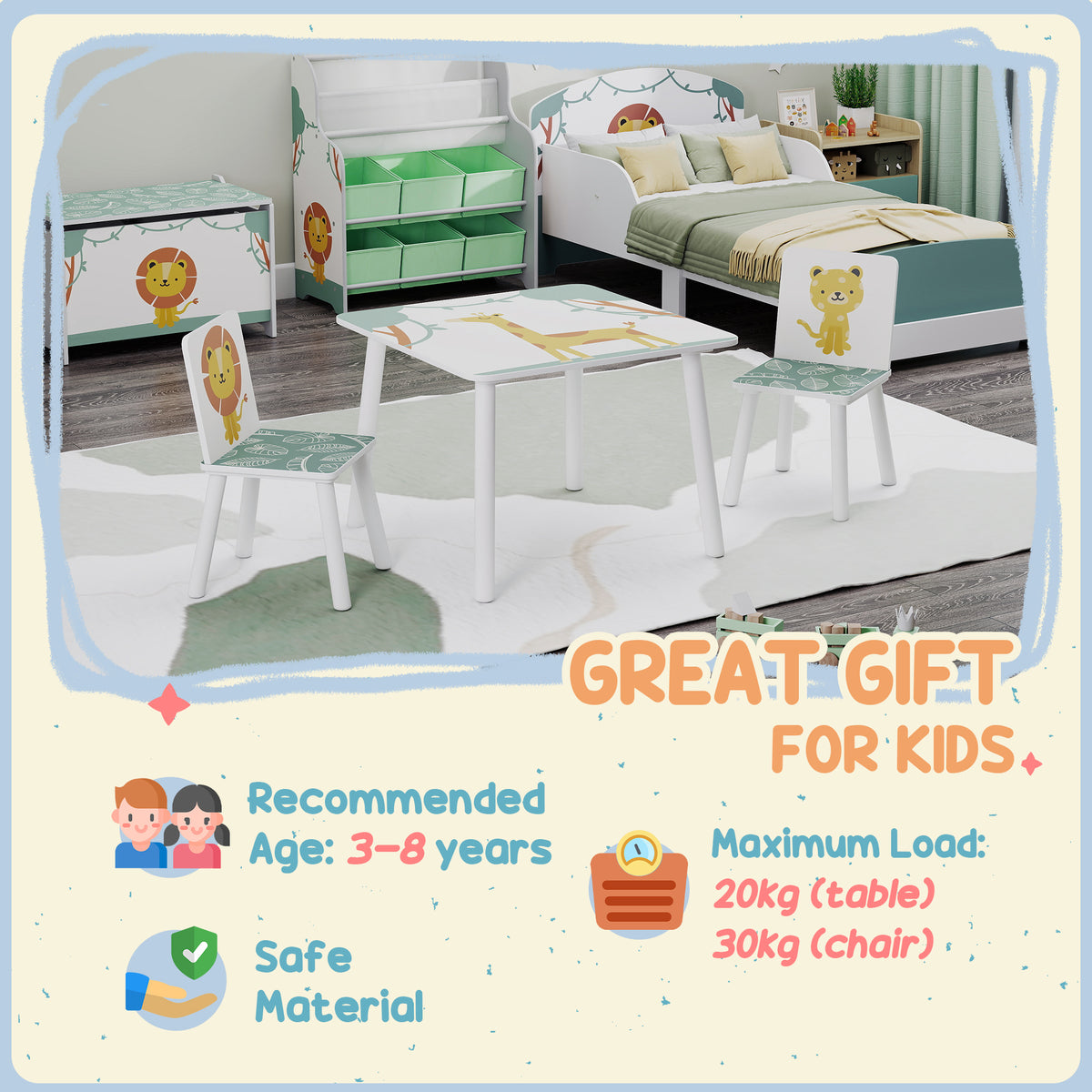 Qaba 3-Piece Kids Table and Chair Set with Animal Pattern for Boys and Girls Aged 3-8, Bedroom, Nursery, Playroom