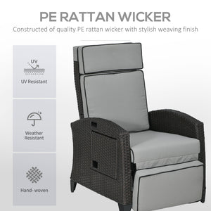 Wicker Recliner Chair with Adjustable Backrest and Footrest, Washable Cushion, Side Tray, Light Grey