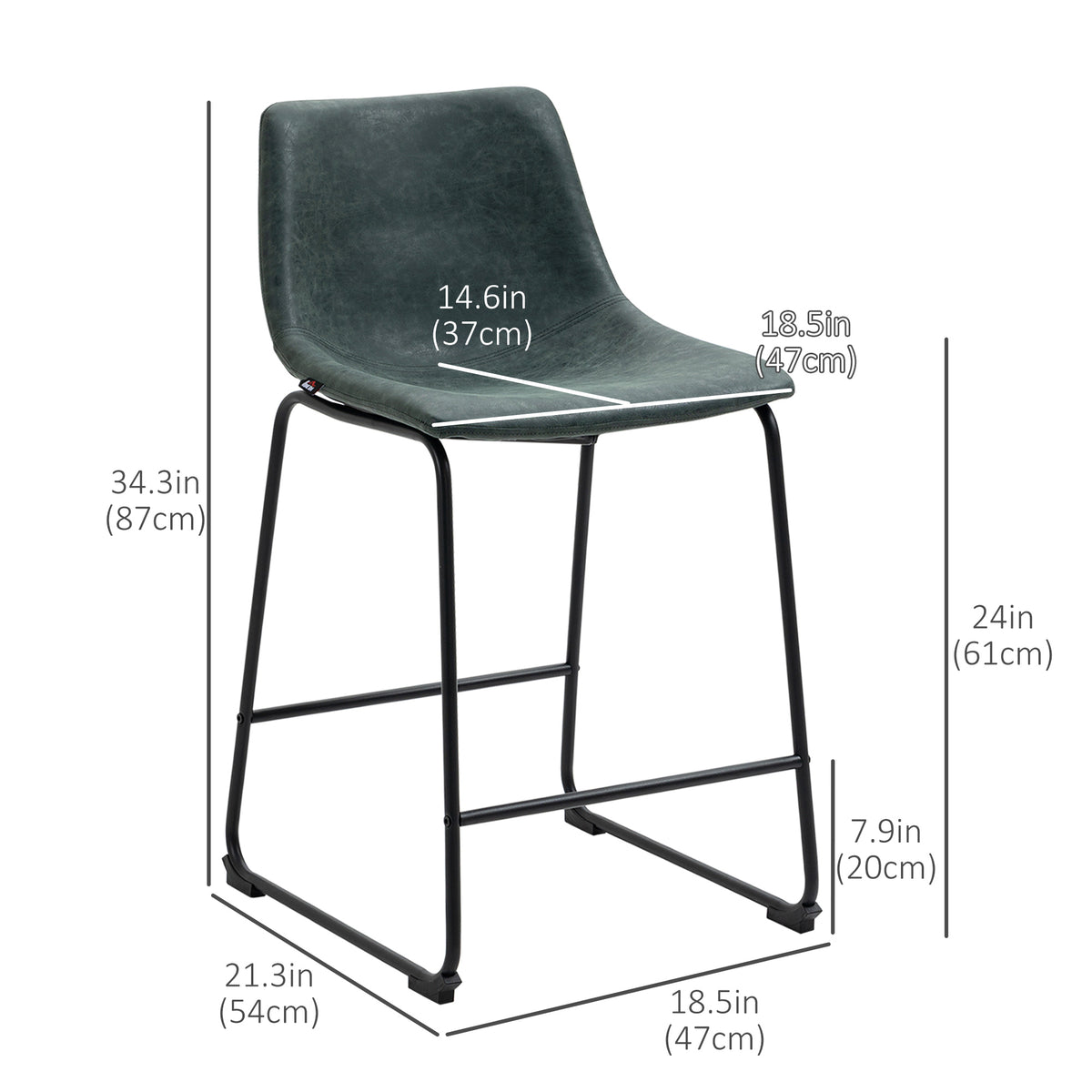 Counter Height Bar Stools Set of 2, Vintage PU Leather Bar Chairs, Kitchen Stool with Footrest for Home Bar Green