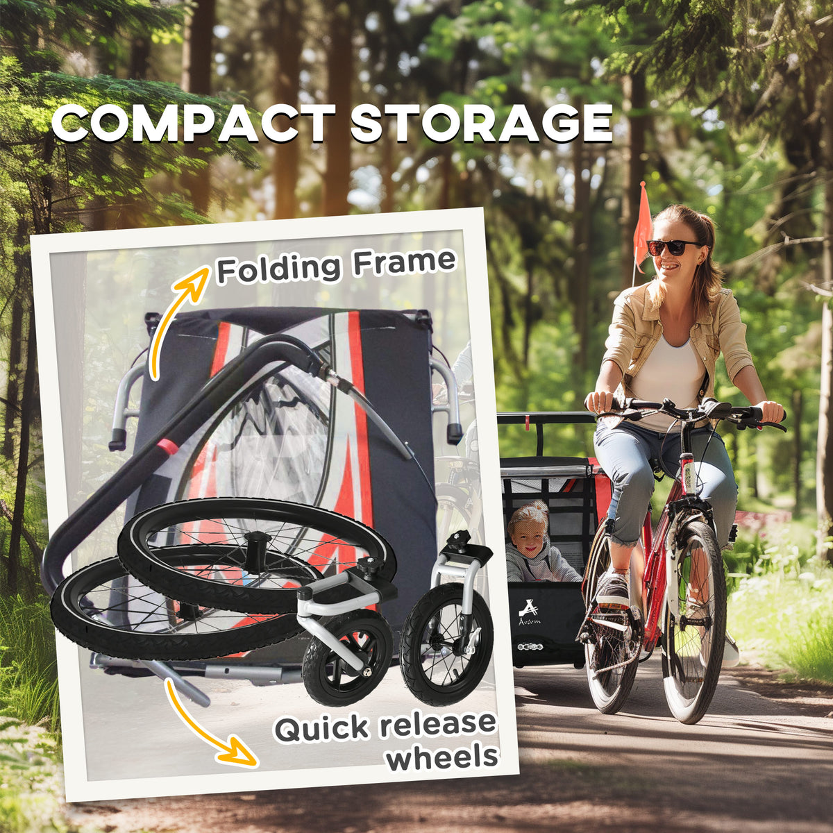 Aosom 3-in-1 Bike Trailer for Kids, Running Stroller with 2 Seats, Jogging Cart with 5-Point Harness, Storage Units