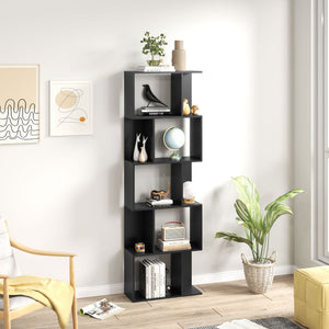 5-Tier Geometric Bookshelf, S Shaped Bookcase, Modern Freestanding Display Shelf Unit for Home Office, Black