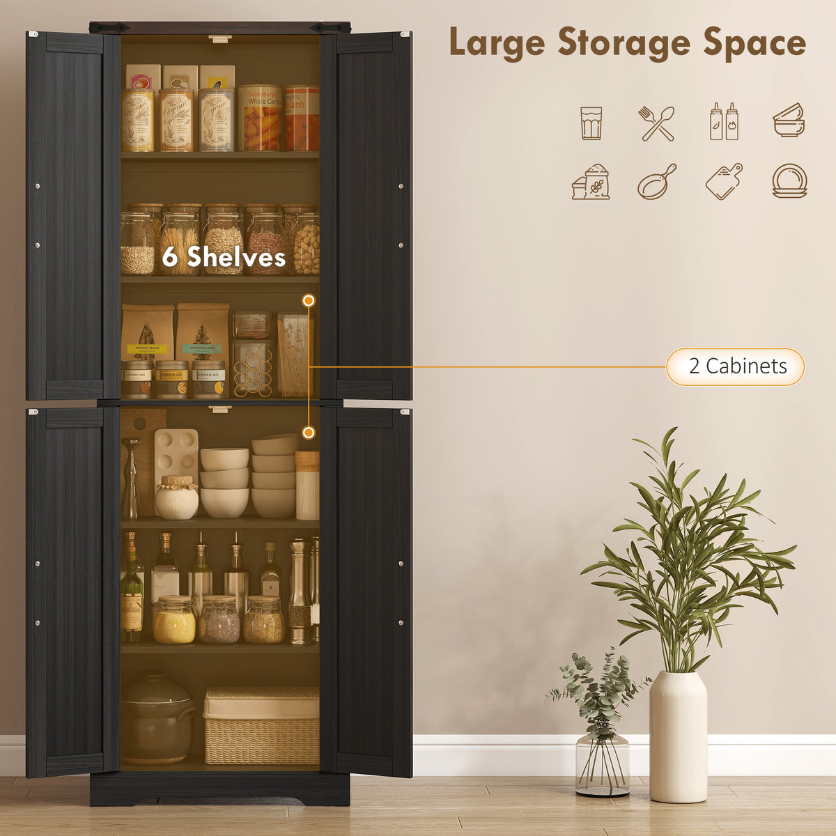 72" Pantry Cabinet, Farmhouse Freestanding Kitchen Storage Cabinet with Adjustable Shelves for Dining Room – view 3