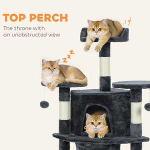 62" Cat Tree with Scratching Post, 2 Condos, Hammock, Perches, Plush, Pompoms, for Indoor Cats, Beige – view 12