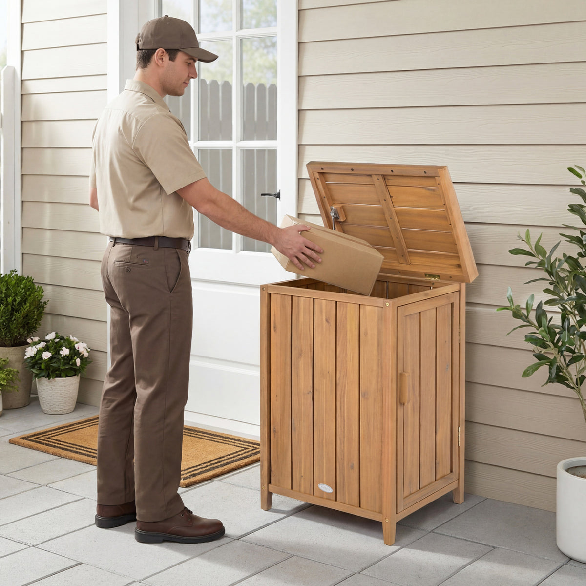 Wood Package Delivery Box with Openable Lid and Removable Shelf for Garden view 2
