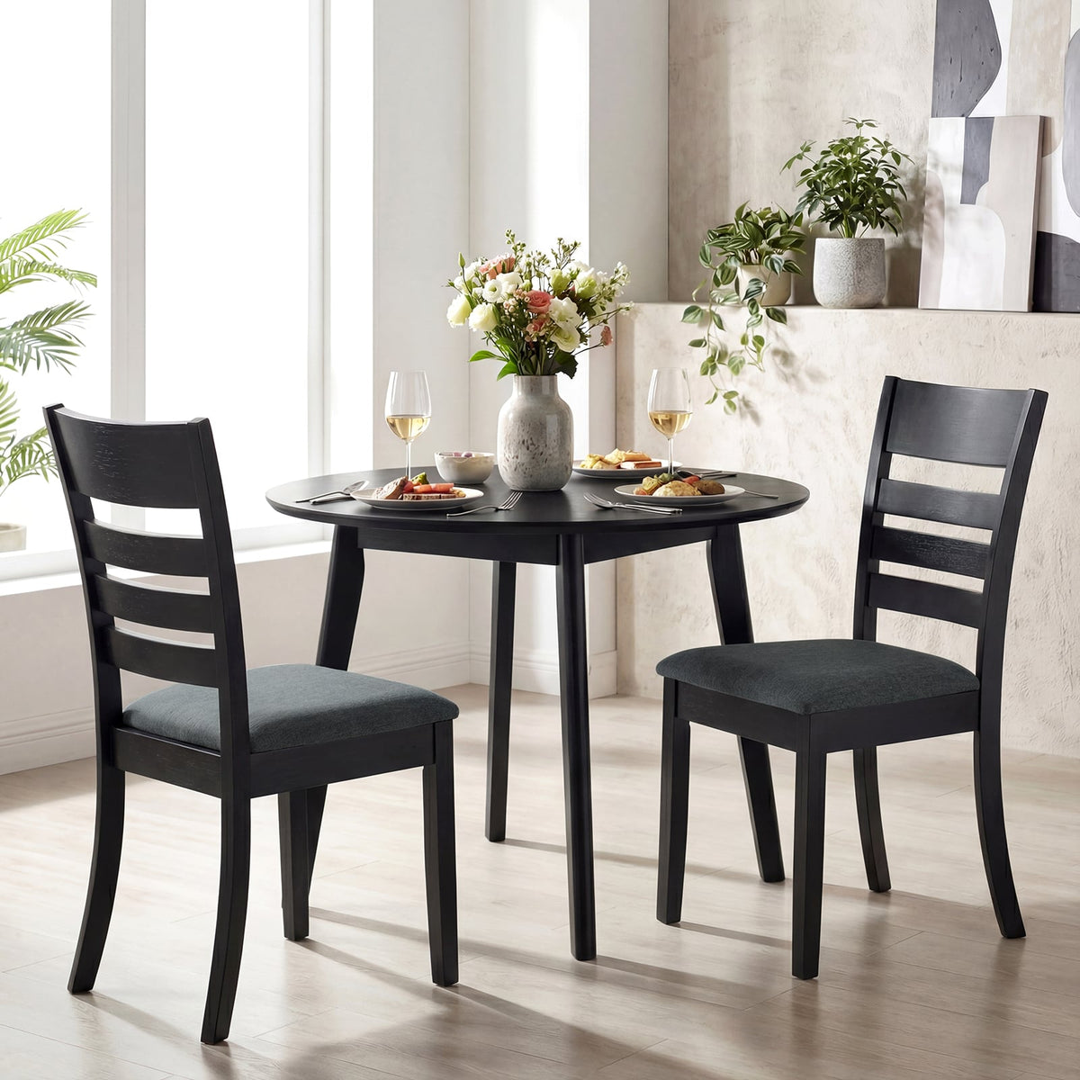 Wooden Dining Chairs Set of 4 Upholstered Kitchen Chairs with Rubber Wood Frame-Black view 2