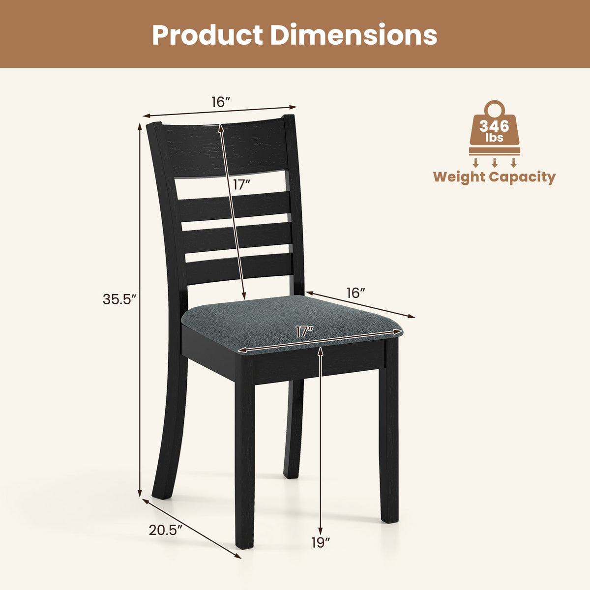 Wooden Dining Chairs Set of 4 Upholstered Kitchen Chairs with Rubber Wood Frame-Black view 4