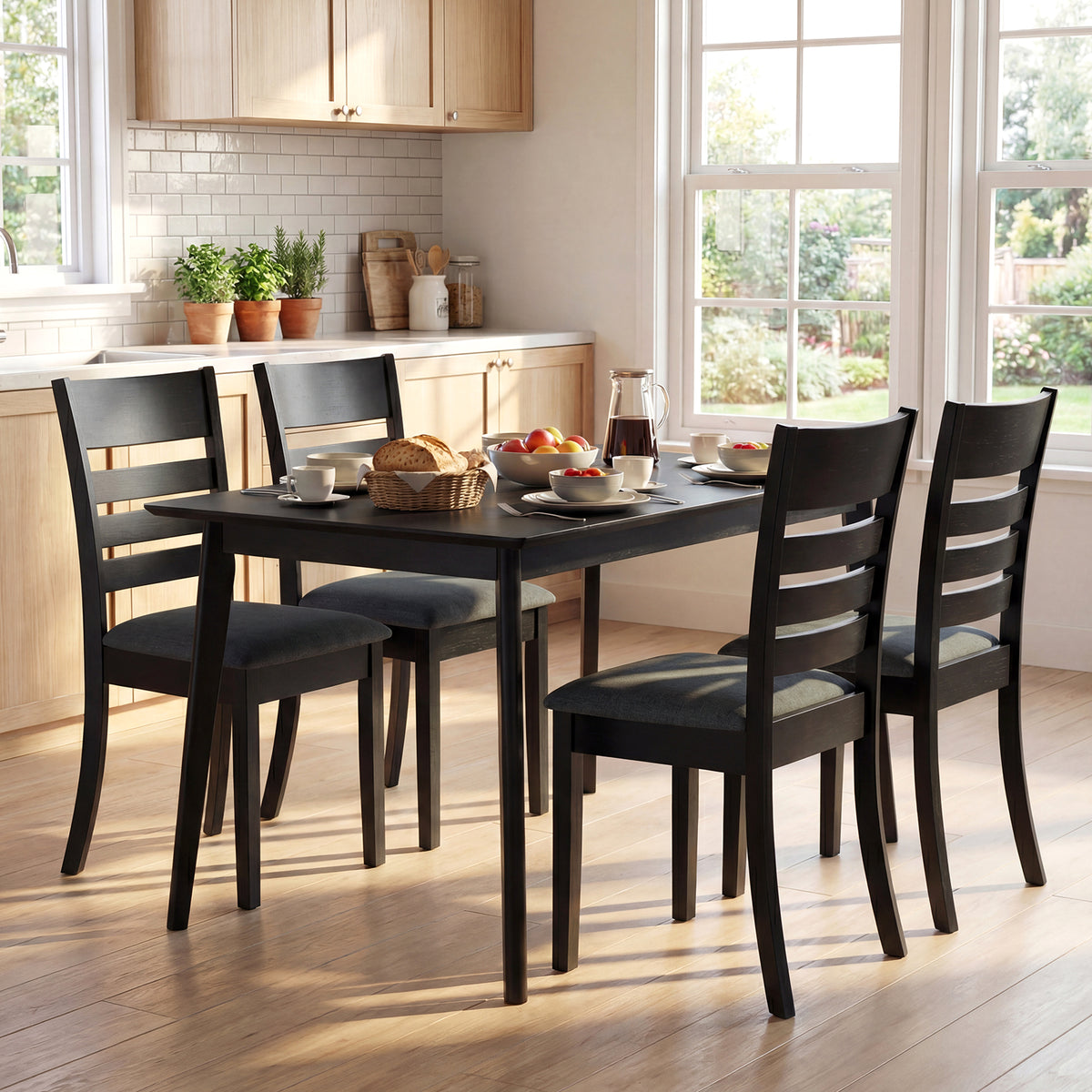 Wooden Dining Chairs Set of 4 Upholstered Kitchen Chairs with Rubber Wood Frame-Black view 5