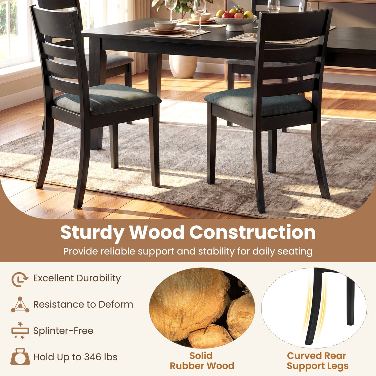 Wooden Dining Chairs Set of 4 Upholstered Kitchen Chairs with Rubber Wood Frame-Black view 7